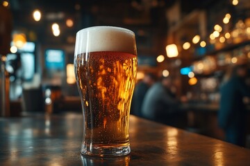 Pint of beer on bar, pub background