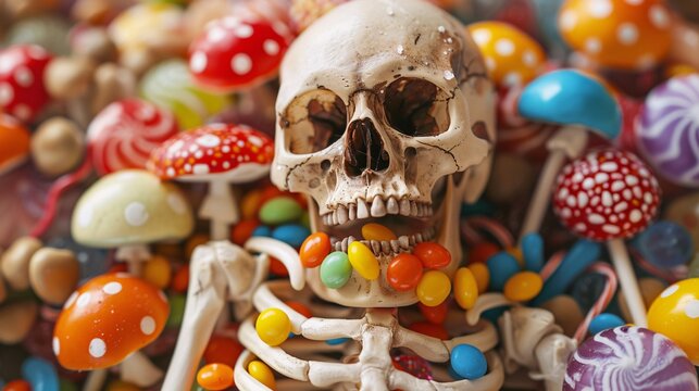 Skeleton with candy and colorful mushrooms