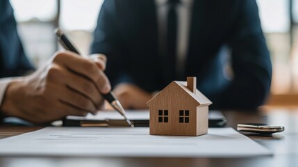 A professional setting with a miniature house model and a person writing on a document, representing real estate transactions or property agreements.