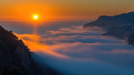 Sunset sea cloudscape, coastal cliff view