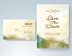 Wedding card invitation template with hand painted watercolor splash