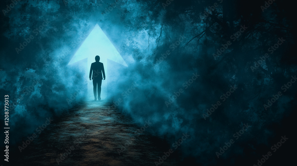 Poster mysterious journey: a solitary figure walks towards a triangular light at the end of a dark, smoky t