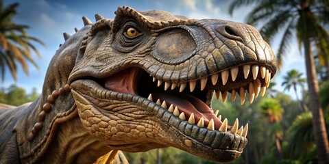 Obraz premium Close-up of a tyrannosaurus rex's large head, showcasing its sharp teeth and menacing gaze, Tyrannosaurus, dinosaur, head