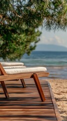 Fototapeta premium Serene Beach Getaway Wooden Loungers Ocean View Sunset Relaxation