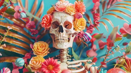 Obraz premium Skeleton with candy and vibrant plants