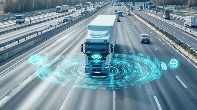 Aerial view of an autonomous truck on autopilot on a highway, using traffic sensors for navigation