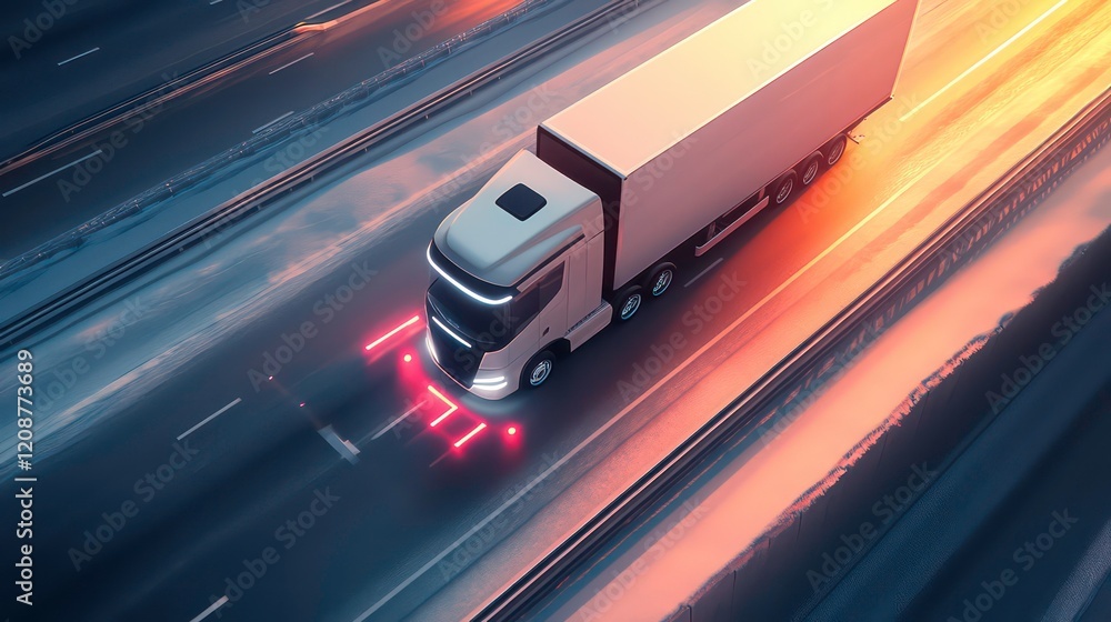 Aufkleber aerial view of an autonomous truck on autopilot on a highway, using traffic sensors for navigation