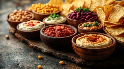 Colorful Variety of Dips and Snacks on Rustic Wooden Board Featuring Hummus, Salsa, and Tortilla Chips Ready for Sharing at a Social Gathering