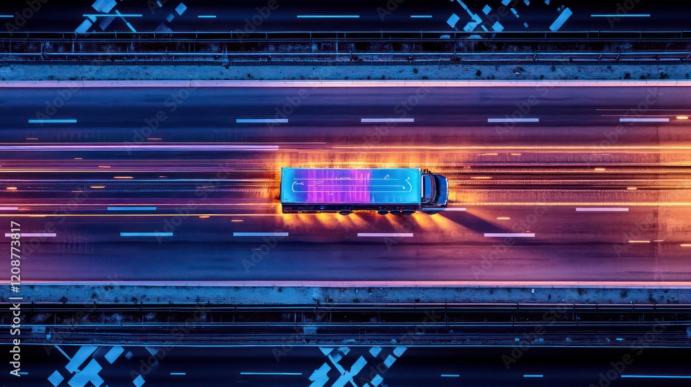 Poster aerial view of an autonomous truck on autopilot on a highway, using traffic sensors for navigation