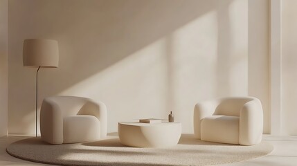 Minimalist Living Room Design With Beige Armchairs And Lamp