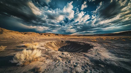 Selbstklebende Fototapeten Massive meteor crater surrounded by cracked barren terrain under dramatic cloudy sky, showcasing the immense scale and raw power of natural geological formations. © Jane