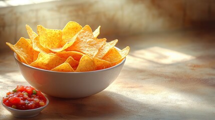 Crunchy Tortilla Chips in White Bowl with Fresh Salsa on Wooden Table Surface, Ideal for Party Snacks, Dips, Appetizers, and Culinary Inspiration