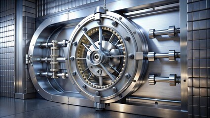 Closeup of a heavy, secure bank vault door with intricate locking mechanism, bank, vault, door, closeup, secure, heavy, metal
