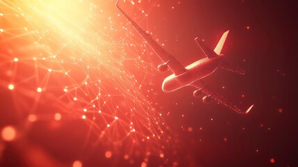 Airplane Network Connection Lines On Red Technology Background, Data Travel Concept. 3D Rendering