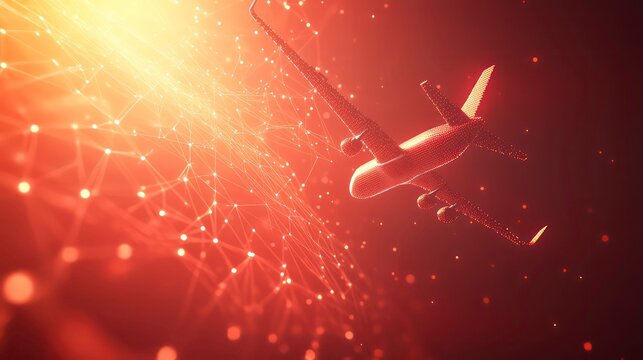 Airplane Network Connection Lines On Red Technology Background, Data Travel Concept. 3D Rendering