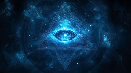 All Seeing Eye of Providence, Sacred Geometry Symbol of Mystic, Blue Network Digital HUD Concept.