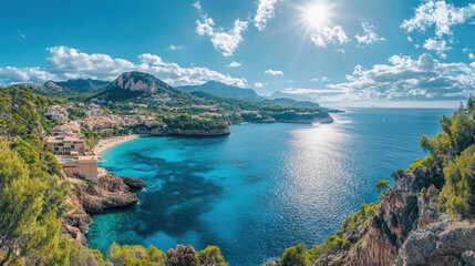 Fototapeta premium Stunning coastal town nestled in mountains, turquoise waters. Ideal for travel, tourism, and vacation websites, showcasing idyllic scenery.