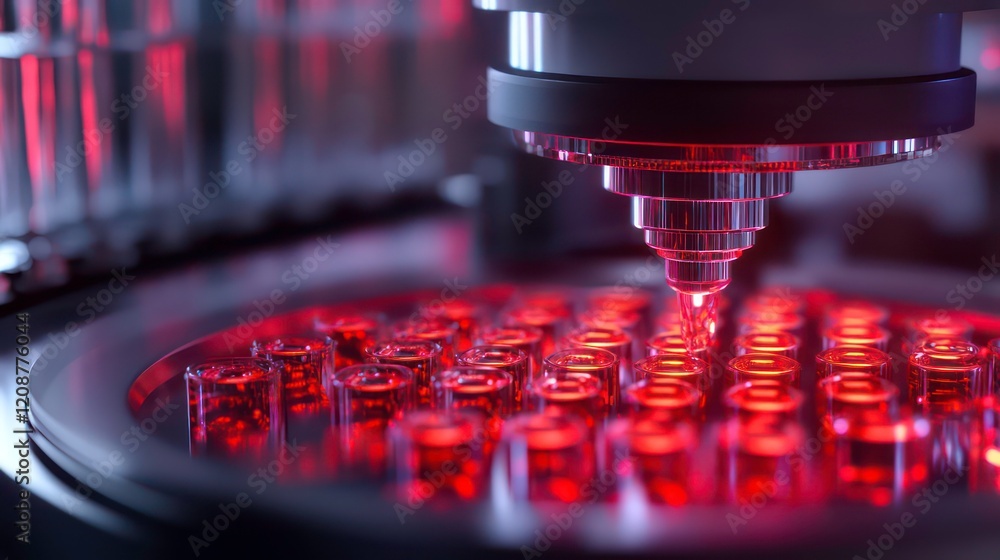 Poster an automated lab machine analyzing genetic samples, with a close-up view of digital health data. fut