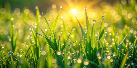 Fototapeta premium Vibrant green grass with droplets of dew in the early morning sunlight, fresh, spring, grass, dew, vibrant, green