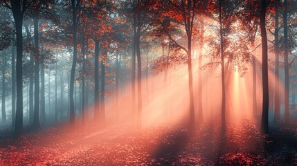 Obraz premium Enchanted Autumn Forest: Sunbeams Dance Through Misty Trees
