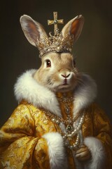A regal rabbit wearing a crown and royal attire.