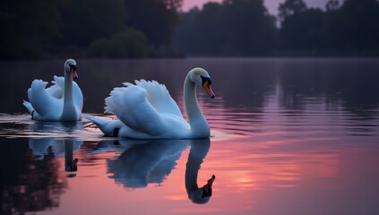 Fototapeta premium Beautiful Swans On Lake At Sunset