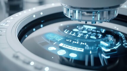 An automated lab machine analyzing genetic samples, with a close-up view of digital health data. Futuristic, realistic photo style.