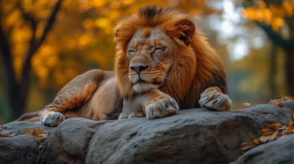 Naklejka premium A male lion rests on a rock 