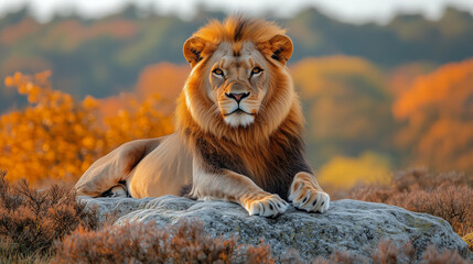 Obraz premium A male lion rests on a rock 