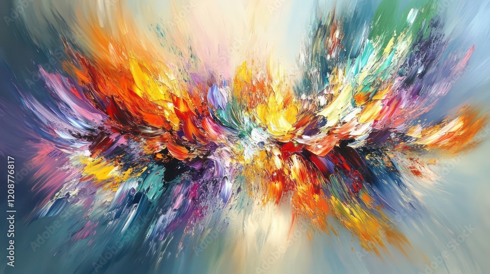 Poster an expressive abstract painting showcasing a dynamic blend of vibrant colors applied with bold and e