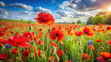 Obraz premium Vibrant summer meadow filled with striking red poppies , nature, flowers, colorful, field, vibrant, beauty, bloom, outdoors