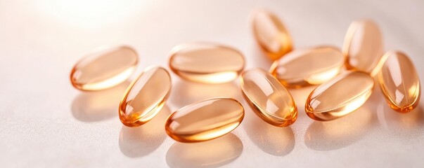soft capsules gel concept. Softgel capsules on a reflective surface