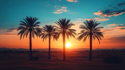 Desert Sunset Three Palm Trees Silhouette Landscape