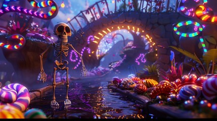 Skeleton with candy and a magical bridge