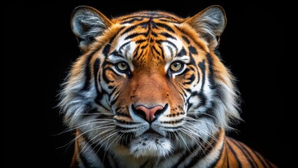 Close up detailed of a majestic tiger's face on a black background, tiger, feline, close up, isolated, black background