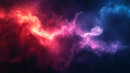 A grainy gradient banner design with a flowing blend of red, purple, and blue glowing colors against a dark backdrop symbolizing chaos and energy, evoking dynamic motion and abstract intensity

