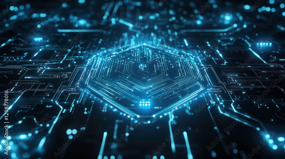 Poster an intricate digital shield made of glowing blue lines and dots, representing cybersecurity and the 