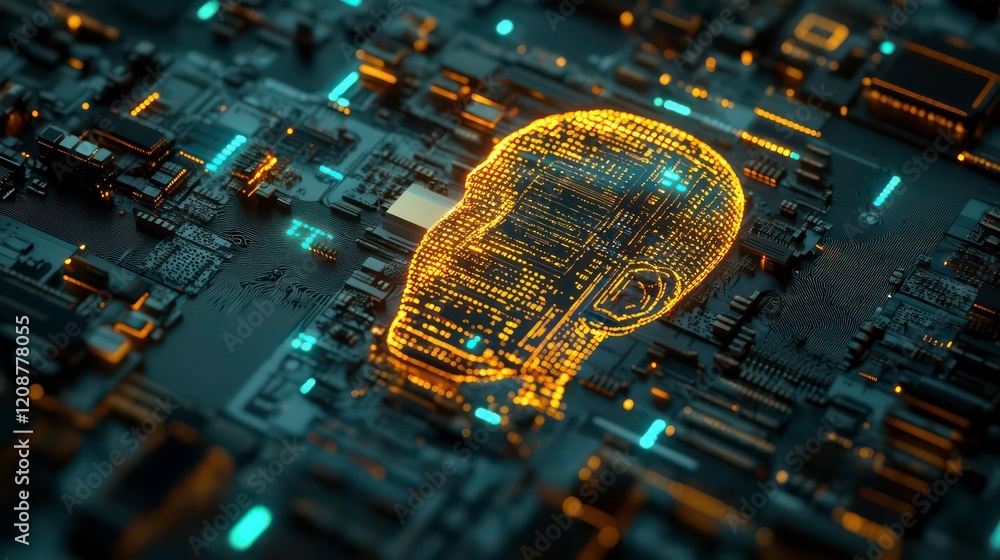 Poster artificial intelligence 3d wireframe head glowing with data on circuit board for ai concept