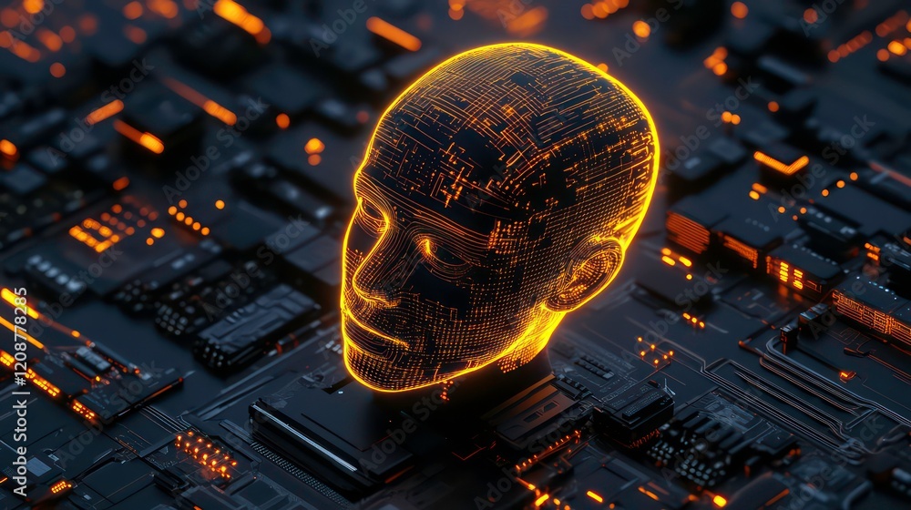 Poster artificial intelligence 3d wireframe head glowing with data on circuit board for ai concept