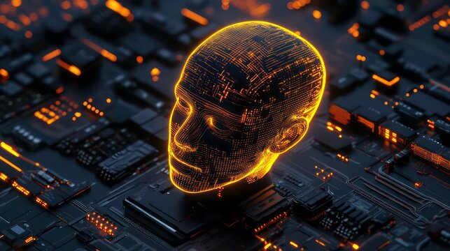 Artificial Intelligence 3D Wireframe Head Glowing With Data on Circuit Board for AI Concept - Powered by Adobe