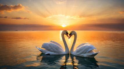 Fototapeta premium Swans lover on romantic valentine background. Dusk and sunset scenery. 