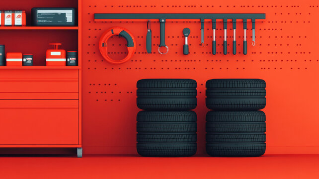 Tire repair tools and equipment in vibrant red garage setting