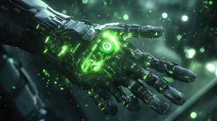 Cybernetic Hand Glows Green, Futuristic Tech