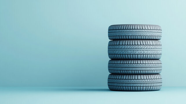 Stack of tires on blue background, minimalistic geometric display