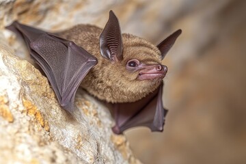 Obraz premium Brown bat clinging to cave wall.