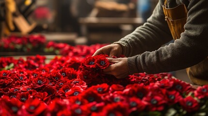 Hands Carefully Arranging Bright Red Flowers in a Workshop Environment, Showcasing the Artistry and Passion Behind Floral Arrangements