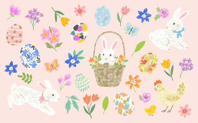 Hand painted cute Easter Vector clipart set with Easter eggs, rabbits, flowers and chicken for Banners, Posters, Patterns, and stationary