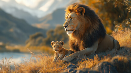 Obraz premium A lion and cub sit a top a hill