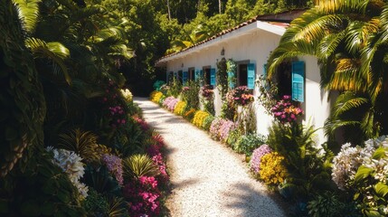 Obraz premium Tranquil Villa Path Lush Tropical Garden Flowers White House