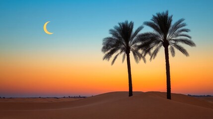 Desert Sunset Silhouette Two Palm Trees Crescent Moon